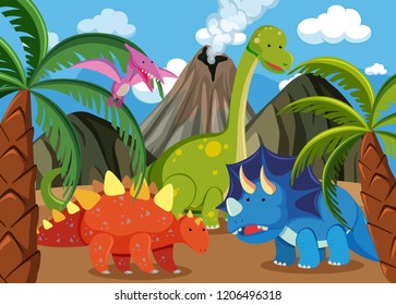 Many dinosaur in nature illustration