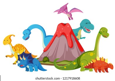 Many dinosaur next to volcano illustration