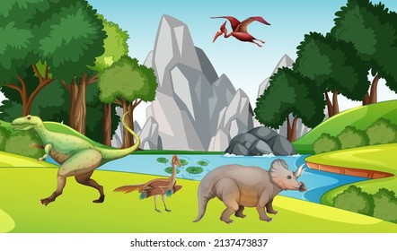 Many dinosaurs by the lake illustration