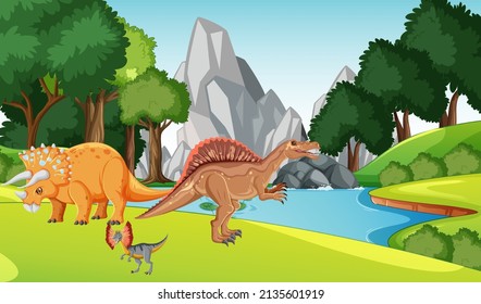 Many dinosaurs by the river illustration