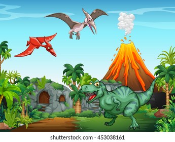 Many dinosaurs in the field illustration