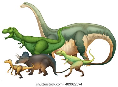 Many dinosaurs on white background illustration