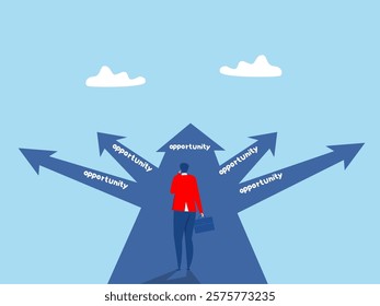 Many directions ,businessman looking Opportunity, chance or career possibility to make decision, life choice to grow business work accessibility, challenge or potential way to success