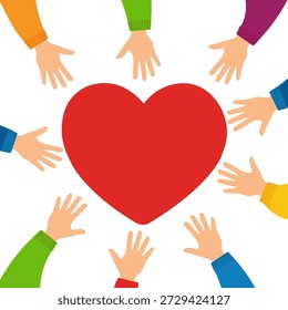 Many diverse hands reaching toward red heart from all directions. Community unity and inclusion concept for charity organization, volunteer program, social support, humanitarian project illustration.