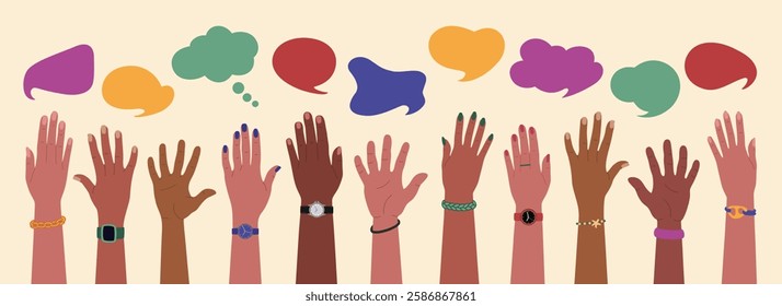Many diverse multiracial hands raised up and speech bubbles. Cooperation, communication, opinions exchange. Hand drawn vector vector illustration isolated on light background, flat cartoon style.
