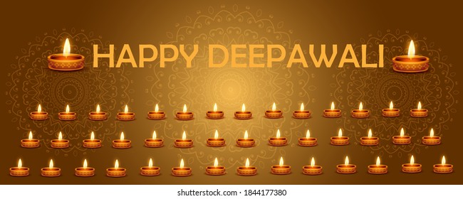 Many Diya's illuminated with bright flame arranged on floor and traditional floral mandala designs beneath on a holistic mood background. Happy Deepawali celebration for greeting cards ,banner. 