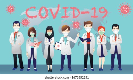 Many doctors from around the world Working together to find a way to eliminate the corona virus or covid19, protective mask,