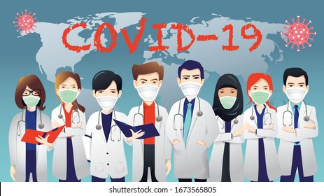 Many doctors from around the world Working together to find a way to eliminate the corona virus or covid19, protective mask,vector, illustration