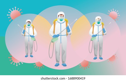 Muchos médicos en trajes protectores y máscaras contra enfermedades infecciosas, Detengan la infección. Concepto de atención de la salud. Ilustración del vector