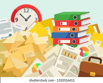 Many documents, mails, folder, files. Very busy, lot of work concept. Under time pressure. Cluttered desk with papers and documents. Business vector illustration, flat cartoon style.