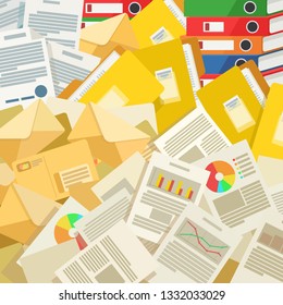 Many documents, mails, folder, files, papers. Very busy, lot of work concept. Business vector illustration, flat cartoon style.