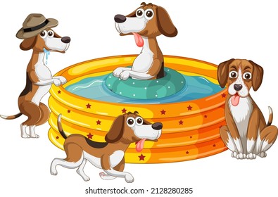 Many dogs bathing in the rubber tub illustration