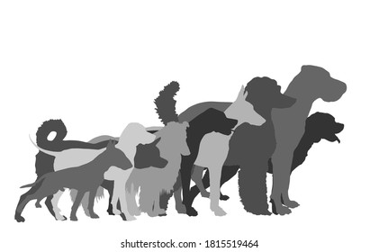 Many dogs in line waiting for veterinary clinic vector silhouette. Pack/array of dog illustration isolated on white. Dalmatian, Poodle, Rottweiler, Great Dane, Doberman, Rough Collie Scottish Shepherd