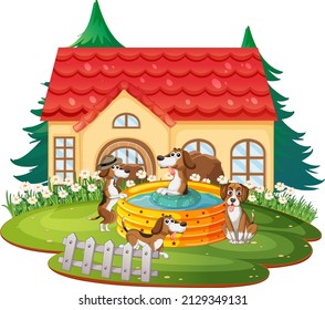 Many dogs playing outside the doghouse illustration