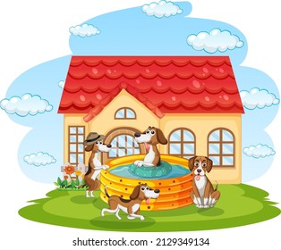 Many dogs playing outside the doghouse illustration