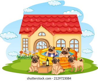 Many dogs playing outside the doghouse illustration