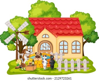 Many dogs playing outside the doghouse illustration