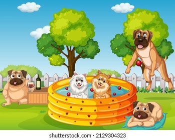 Many dogs playing in the park illustration