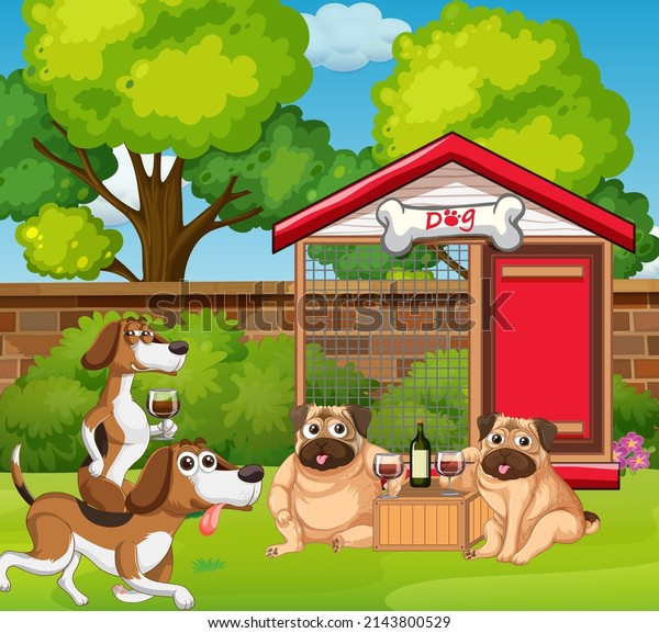 Many dogs playing\
in the park illustration