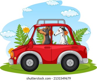 Many dogs riding on red car in the park illustration