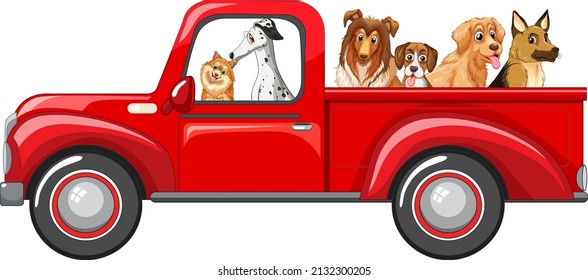 Many dogs riding on red truck illustration