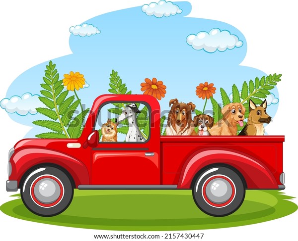 Many\
dogs riding on red truck in the park\
illustration