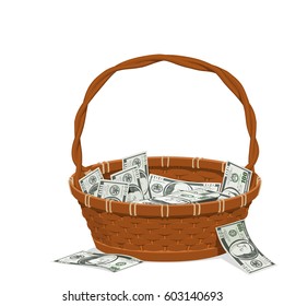 So many dollar banknotes in the basket
