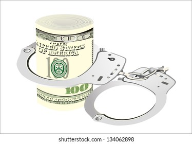 Many dollar bills with handcuffs. isolated on white