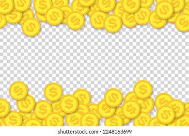 Many dollars coins in flat style on transparent background. Business objects. Make money. Vector design element for you projects
