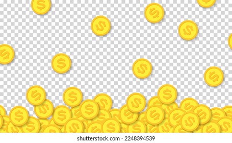 Muchas monedas de dólares en forma plana sobre fondo transparente. Objetos comerciales. Haz dinero. Elemento de diseño de vectores para los proyectos