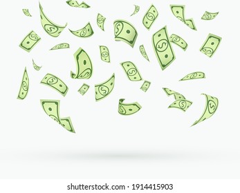 Many dollars currency falling down vector illustration. Isolated cartoon US paper money on white background.
