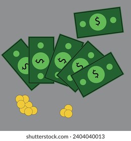 many dollars and gold coins on a gray background