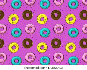 Many donuts with icing of different colors. Donut party. Pattern. High quality vector illustration.