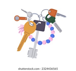 Many door keys bunch hanging on ring, holder. Keychain, keyring with trinket, pendant, accessories for locking, accessing office, house. Flat vector illustration isolated on white background