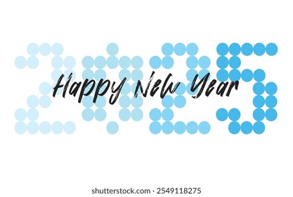 many dots number 2025 cyan monochrome color with words happy new year black color in the middle, happy new year 2025 vector illustration isolated on white background.