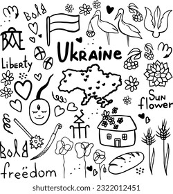 Viele Zeichnungen auf weißem Hintergrund. Ukrainische Symbole, Lebensmittel, Hütten, Waffen, linear gezogen.