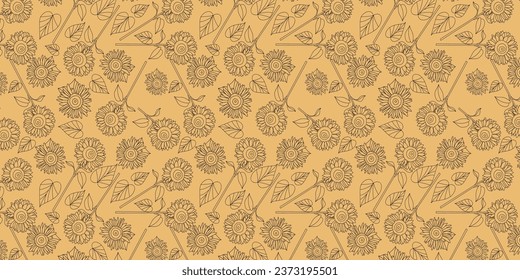 Many drawn sunflowers on yellow background. Pattern for design