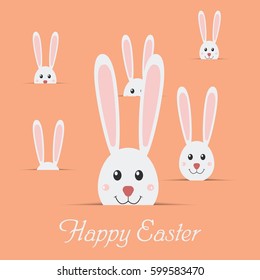 Many easter rabbits with text Happy background. Bunny card. Vector illustration.