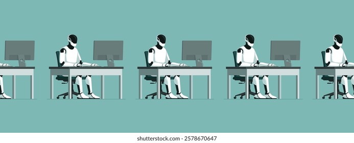 Many efficient humanoid robots sitting at desks and working, repetitive tasks and AI concept