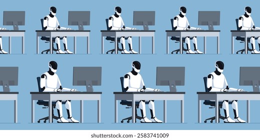 Many efficient humanoid robots sitting at desks and working, repetitive tasks and AI concept