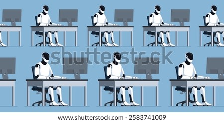 Many efficient humanoid robots sitting at desks and working, repetitive tasks and AI concept