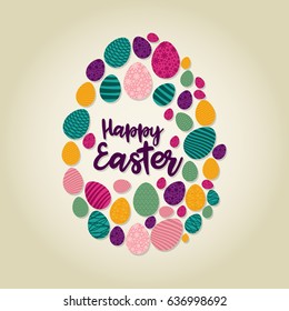 Many Eggs forming a shape of an Egg for Easter on a Light Yellow Color Background
