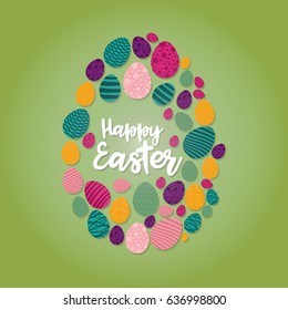 Many Eggs forming a shape of an Egg for Easter on a Green Color Background