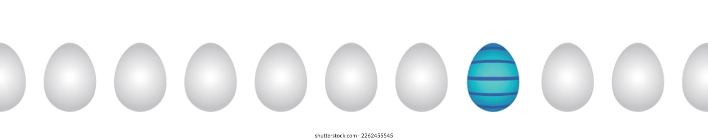 Many eggs in a row and one colorful painted Easter egg between, that stands out because it is different. Banner in landscape format