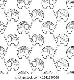Many elephants black and white vector seamless pattern for kids. Animals on white background with doodle elements. Cartoon cute animals 