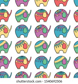 Many elephants colored vector seamless pattern for kids. Animals on white background with doodle elements. Cartoon cute animals for kids clothes, babyshower cards, child apparel. 
