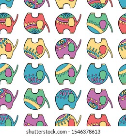 Many elephants colored vector seamless pattern for kids. Animals on white background with doodle elements. Cartoon cute animals for kids clothes, babyshower cards, child apparel. 
