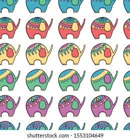Many elephants colored vector seamless pattern for kids. Animals on white background with doodle elements. Cartoon cute animals for kids clothes, babyshower cards, child apparel. 
