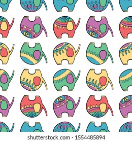 Many elephants colored vector seamless pattern for kids. Animals on white background with doodle elements. Cartoon cute animals for kids clothes, babyshower cards, child apparel. 
