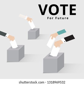 Many of Eligible voter or constituency go to the polling station and case a ballot in ballot box for general election day, The hands of man women dropped the card into the box, vector illustration